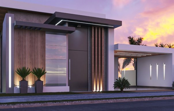 Fachada ao entardecer, projeto ARCH+